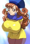  1girl alena_(dq4) arms_behind_back breasts brown_eyes brown_hair curvy dragon_quest dragon_quest_iv hat huge_breasts ichijiku leaning_forward long_hair looking_at_viewer oobari_masami smile solo wide_hips 