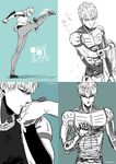  2boys black_sclera cyborg earring genos kick male_focus mechanical_arms multiple_boys multiple_views one-punch_man pants saitama_(one-punch_man) sleeveless togiicustom topless translation_request water yaoi 