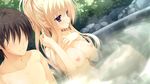  1boy 1girl artist_request blonde_hair breasts character_request game_cg large_breasts long_hair mixed_bathing nipples nude onsen red_eyes shirley_warwick source_request 