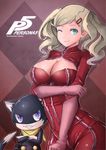  blonde_hair bodysuit breasts cat cleavage cleavage_cutout gloves hair_ornament hairclip kakekcaboel latex latex_gloves latex_suit morgana_(persona_5) persona persona_5 takamaki_ann twintails zipper 