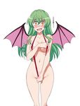  1girl bare_shoulders blush breasts brown_eyes fangs green_hair jitsu_wa_watashi_wa long_hair navel open_mouth shiragami_youko string_bikini tears wings 