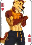  2019 abs anthro belly brown_fur canid canine canis card clothed clothing coach digital_media_(artwork) english_text fonyaa fur hair looking_at_viewer male mammal muscular muscular_male navel pants pecs playing_card red_eyes shirt simple_background smile solo standing teeth text whistle white_background wolf 