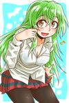  1girl blue_background blush breasts cleavage fang green_hair jitsu_wa_watashi_wa long_hair open_mouth orange_eyes pantyhose shiragami_youko skirt 