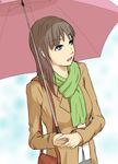  bag bangs blue_eyes brown_hair green_scarf handbag happy holding holding_umbrella jacket long_hair looking_to_the_side pink_umbrella scarf simple_background smile solvalou two-tone_background umbrella white_background 