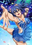  armpits bashoku_youjou blue_hair blue_skirt breasts cleavage hair_ribbon ikkitousen indoors large_breasts open_mouth orange_ribbon ribbon see-through shiny shiny_skin short_twintails sideboob skirt solo twintails 