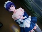  1girl assassin_lesson blue_hair breasts game_cg indoors maid maid_cap nipples purple_eyes short_hair solo thighhighs 