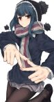  1girl blue_hair furukawa_wanosuke hat jacket pantyhose pose purple_eyes scarf shima_rin sidelocks solo white_background winter_clothes yurucamp 