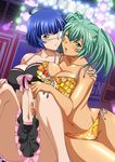  2girls aqua_eyes bikini blue_hair blush breasts cleavage curvy dark_skin eyepatch female green_eyes green_hair ikkitousen large_breasts long_hair looking_at_viewer multiple_girls navel official_art panties ryofu_housen ryomou_shimei short_hair sitting skirt swimsuit thick_thighs twintails underwear wide_hips 