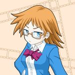  1girl akemi_mikan blue_eyes blush breasts glasses jitsu_wa_watashi_wa orange_hair ribbon school_uniform short_hair 