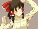  1girl alternate_costume arm_up armpit_cutout armpit_hair armpits bangs black_hair blush bow brown_eyes brown_hair clenched_hands colored_eyelashes cutout frills frown grey_background hair_bow hair_tubes hakurei_reimu long_sleeves looking_to_the_side meme open-chest_sweater orange_eyes parody ponytail ribbed_sweater shiratama_(hockey) short_hair short_ponytail sidelocks simple_background solo sweater touhou turtleneck upper_body 