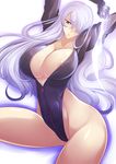  areola_slip areolae arms_up breasts cleavage collarbone covered_nipples cowboy_shot energy_blade grey_eyes haganef hair_over_one_eye highleg highleg_leotard large_breasts leotard long_hair long_sleeves looking_at_viewer original solo triangle_mouth unzipped white_hair 