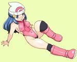  arm_support blue_eyes blue_hair blush boots breasts covered_navel covered_nipples hat highleg hikari_(pokemon) looking_at_viewer medium_breasts nose_blush open_mouth pink_footwear pokemon simple_background solo swimsuit thong tof 