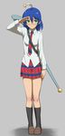  1girl aizawa_nagisa_(jitsu_wa_watashi_wa) blue_hair blush breasts green_eyes jitsu_wa_watashi_wa necktie school_uniform shoes short_hair skirt socks weapon 