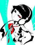  female headphones kronos-m magical_girl magical_girl_apocalypse mahou_shoujo_of_the_end monochrome red_eyes solo spot_color translation_request wings 