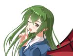  1girl blush brown_eyes fangs green_hair jitsu_wa_watashi_wa long_hair one_eye_closed open_mouth school_uniform shiragami_youko wings wink 