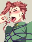  1boy bdsm blush bondage bound chinjuu_hibakichi earrings gakuran jewelry jojo_no_kimyou_na_bouken kakyouin_noriaki male_focus open_mouth red_hair rope school_uniform short_hair simple_background tied_up 