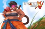  1girl bandeau biceps blue_sky breasts cleavage dark_skin dragon_ball dragon_ball_xenoverse dragonball_z eating fangs from_below hand_on_hip logo meat midriff monkey_tail plump saiyan sash scouter sharp_teeth short_hair sky solo spiked_hair tail toned tovio_rogers wristband wristbands 