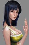 1girl artist_request bangs bare_shoulders black_hair blue_eyes blue_hair blunt_bangs breasts cleavage collarbone erect_nipples fingernails from_side fur grey grey_background hand_up large_breasts lips looking_at_viewer nico_robin one_piece shirt short_hair solo two-tone_hair upper_body yellow_shirt 