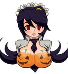  1girl between_breasts bodypaint breasts breasts_out breasts_outside bust colored female filia_(skullgirls) halloween large_breasts lips looking_at_viewer necktie necktie_between_breasts nipples paint pumpkin red_eyes samson_(skullgirls) simple_background skullgirls solo tuhis white_background 