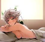  antlers asymmetrical_hair bed braid breast_press breasts darkmaya eyelashes from_side hair_twirling jitome kantai_collection large_breasts light_brown_eyes light_smile long_hair looking_at_viewer lying naked_sheet non-web_source on_stomach sideboob silver_hair single_braid smile solo unryuu_(kantai_collection) very_long_hair 