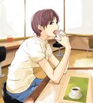  blue_eyes chair cup desk eating food hamburger looking_at_viewer open_mouth original purple_hair restaurant short_hair solo solvalou wrapper 