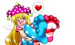  :p american_flag_legwear american_flag_shirt blonde_hair clownpiece feet hat heart holding_legs jester_cap legs_up long_hair madou naughty_face pantyhose pov_feet smile soles toes tongue touhou wings 