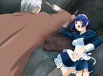  1boy 1girl assassin_lesson blue_hair fight game_cg indoors knife maid maid_cap open_mouth panties pantyshot purple_eyes short_hair thighhighs underwear 