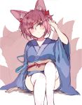  1girl animal_ear_fluff animal_ears az_37331m blue_kimono blush doki_doki_literature_club fox_ears fox_tail frown hair_ornament hair_ribbon hairclip hand_up head_tilt highres japanese_clothes kemonomimi_mode kimono looking_at_viewer multiple_tails natsuki_(doki_doki_literature_club) obi pink_eyes pink_hair red_ribbon ribbon sash short_hair simple_background sitting sketch solo tail thighhighs two_side_up white_background white_legwear wide_sleeves 