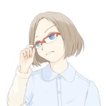  1girl adjusting_glasses arm_up blue_eyes brown_hair glasses original parted_bangs simple_background solo solvalou white_background 