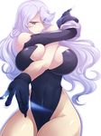  1girl bare_shoulders between_breasts breasts cleavage covered_navel curvy erect_nipples haganef huge_breasts lavender_hair long_hair parted_lips pink_eyes solo thick_thighs wide_hips 