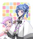  2girls ange_serena blue_hair brown_eyes cape capelet dress frills gloves hermana_larmo jewelry long_hair multiple_girls one_eye_closed open_mouth pink_hair ponytail purple_eyes ribbon short_hair smile tales_of_(series) tales_of_innocence v wink 