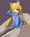 akuma_gaoru artist_request blonde_hair copyright_request furry open_mouth red_eyes waking_up wolf yawn yawning 