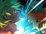  2boys battle blue_eyes blue_hair broly_(dragon_ball_super) dirty dirty_face dragon_ball dragon_ball_super_broly energy_ball face-to-face fighting_stance fingernails frown gogeta green_eyes green_hair grin incoming_attack incoming_punch male_focus multiple_boys profile serious short_hair smile spiked_hair super_saiyan super_saiyan_blue tako_jirou teeth 