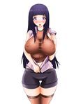  1girl bike_shorts breasts evil-dei female hyuuga_hinata large_breasts looking_at_viewer naruto naruto:_the_last open_shirt purple_hair shirt shorts solo thigh_gap thighhighs 