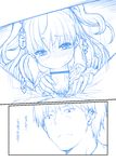  1girl bar_censor blue blush censored clothed_sex comic fellatio hetero idolmaster idolmaster_cinderella_girls jougasaki_rika long_hair male_pubic_hair monochrome mushi024 open_fly oral penis producer_(idolmaster_cinderella_girls_anime) pubic_hair sketch translated two_side_up under_table 