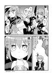  4girls closed_mouth comic crescent eyepatch fingerless_gloves gloves greyscale headgear highres izumi_masashi jitome jojo_pose kantai_collection kikuzuki_(kantai_collection) kiso_(kantai_collection) long_hair monochrome multiple_girls necktie open_mouth pose school_uniform serafuku shaded_face short_hair short_sleeves tenryuu_(kantai_collection) translated twitter_username wakaba_(kantai_collection) 