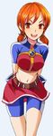  1girl arms_behind_back belt bike_shorts happy king_of_fighters leaning_forward looking_at_viewer m.u.g.e.n midriff miniskirt orange_eyes orange_hair shinzaki_maria short_twintails simple_background skirt smile solo the_king_of_fighters_2003 twintails white_background 