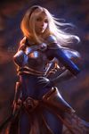  1girl armor armored_skirt artist_name backlighting blonde_hair blue_eyes bodystocking bracer breastplate breasts covered_navel cowboy_shot dark_background gloves hairband hand_on_hip highres league_of_legends lips long_hair looking_at_viewer looking_to_the_side luxanna_crownguard nose raikoart realistic signature solo 