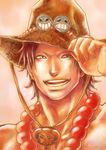  1boy beads freckles hand_on_hat male_focus necklace one_piece open_mouth portgas_d_ace smile smiley solo stampede_string 