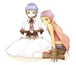  2girls ange_serena belt blue_hair boots brown_eyes cape capelet dress frills hermana_larmo jewelry midriff multiple_girls pantyhose pink_hair ponytail purple_eyes ribbon short_hair shorts tales_of_(series) tales_of_innocence thighhighs 