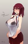  bare_shoulders blush bra breasts cleavage ebina_nana female gradient gradient_background highres himouto!_umaru-chan huge_breasts large_breasts noccu open_mouth red_eyes red_hair see-through shirt simple_background skirt solo standing twintails underwear wet_shirt 