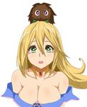  1girl bare_shoulders blonde_hair breasts cleavage dark_magician_girl duel_monster female green_eyes kuriboh large_breasts long_hair looking_at_viewer open_mouth solo upper_body yu-gi-oh! 