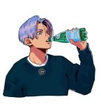  1boy blue_eyes blue_shirt bottle capsule_corp close-up dragon_ball dragonball_z drinking expressionless fingernails hair_between_eyes highres holding long_sleeves looking_away male_focus okada_(hoooojicha) open_mouth outstretched_arm purple_hair shirt short_hair simple_background trunks_(dragon_ball) twitter_username upper_body upper_teeth water_bottle white_background white_shirt 