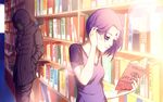  1boy 1girl beast_boy_(dc) book bookshelf dc_comics garfield_logan green_skin hood jacket library momijigirl nail_polish purple_eyes purple_hair purple_nails purple_shirt raven_(dc) reading shelf teen_titans 