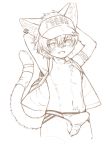  anthro balls blush bulge chest_tuft clothed clothing cub domestic_cat ear_piercing ear_ring erection erection_under_clothes felid feline felis fur hat jockstrap male mammal misakatsuneko partially_clothed penis piercing raised_arm simple_background solo standing tuft underwear young 