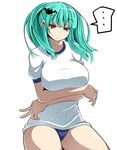  1girl angry aqua_hair breasts covered_navel female kara_age large_breasts long_hair looking_at_viewer red_eyes shirt simple_background solo 