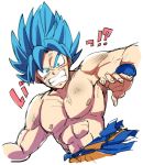  !? 1boy arm_at_side bidarian blue_eyes blue_hair clenched_teeth close-up dirty dirty_face dragon_ball dragon_ball_super dragon_ball_super_broly dragonball_z dutch_angle fingernails looking_at_viewer male_focus nervous nipples outstretched_arm shirtless short_hair simple_background son_gokuu spiked_hair super_saiyan_blue sweatdrop teeth translation_request upper_body white_background 
