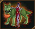  1girl beast_boy_(dc) beastboy candy collar dc_comics dress halloween high_heels leash nekomira pumpkin raven raven_(dc) sweets teen_titans wolf 