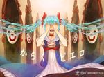  1girl blue_hair crying dress hair_ornament hatsune_miku karakuri_pierrot_(vocaloid) long_hair mask solo tears twintails vocaloid yu_(dryads) 