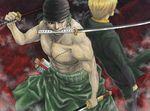  2boys back-to-back bandanna blonde_hair fighting_stance green_hair haramaki male_focus mouth_hold multiple_boys one_piece roronoa_zoro sanji suit sword 